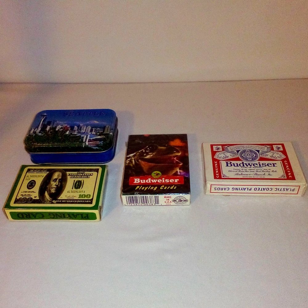 (4) Playing Card Bundle: Seattle. Budweiser (2).  Hundred Dollar.  Unopen/Unused